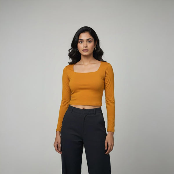 Women’s Square Neck Cotton Crop Top Mustard Colour
