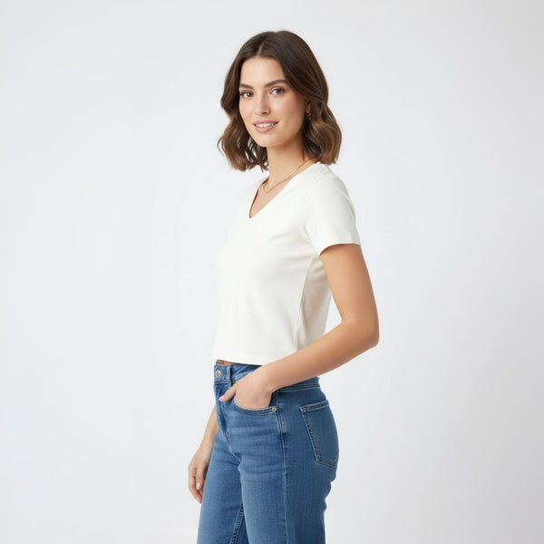 V Neck crop Top Slim FIT Off White Color