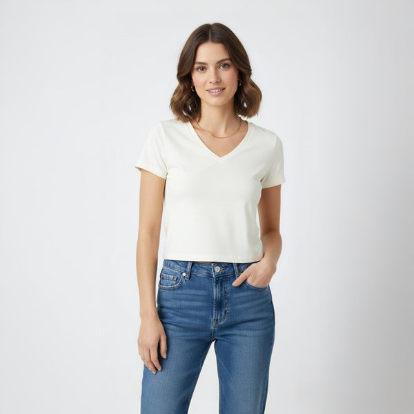 V Neck crop Top Slim FIT Off White Color