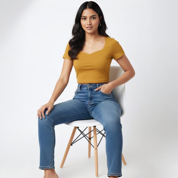 Heart Neck crop Top Slim FIT Mustard Color