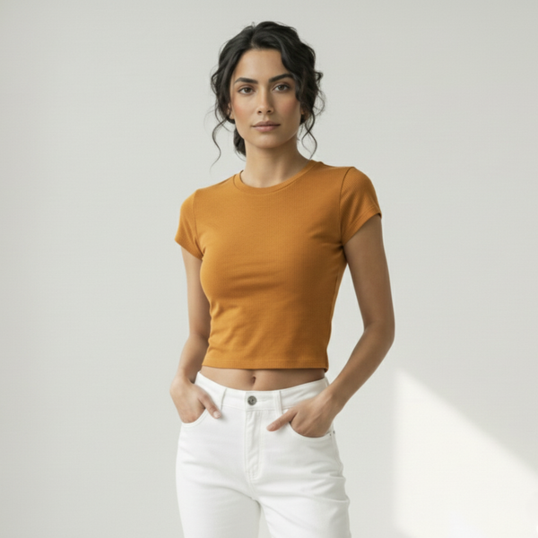Round Neck Crop Top Half Sleeves Mustard Color