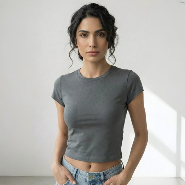 Round Neck Crop Top Half Sleeves Steel Grey