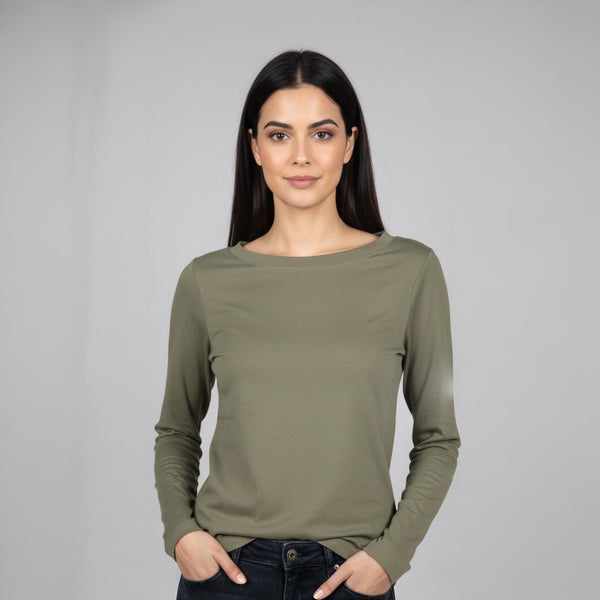 Boat Neck T-ShirtFull Sleeves Moss Green