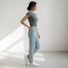 Round Neck Crop Top Half Sleeves Steel Grey