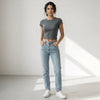 Round Neck Crop Top Half Sleeves Steel Grey