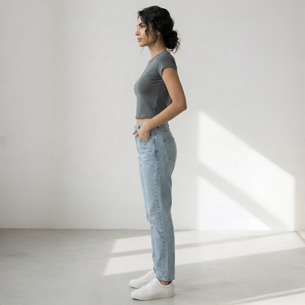 Round Neck Crop Top Half Sleeves Steel Grey