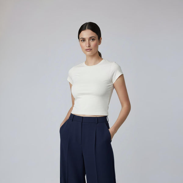 Round Neck Crop Top Half Sleeves Off White