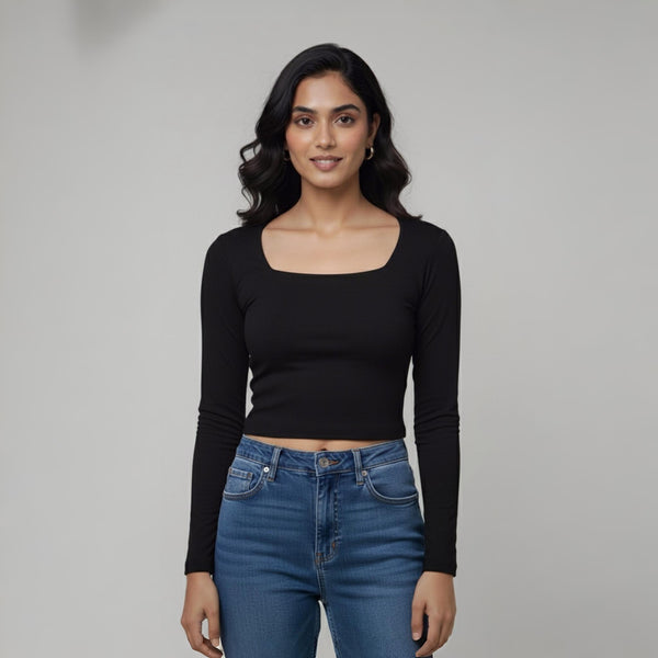 Women’s Square Neck Cotton Crop Top Black
