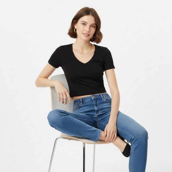 V Neck crop Top Slim FIT Black