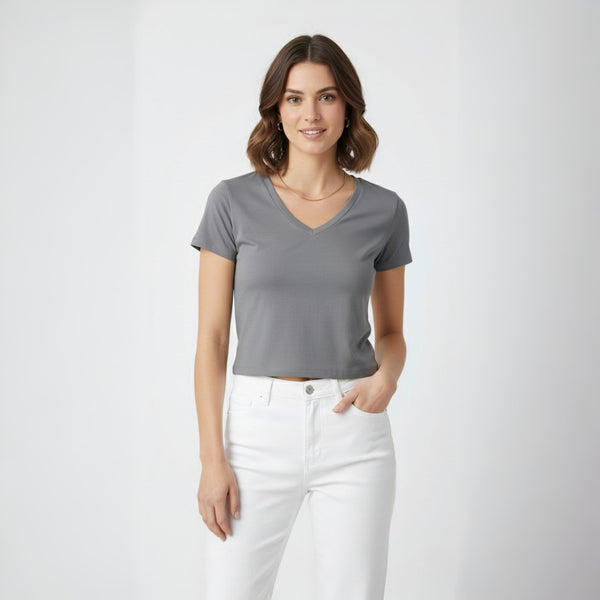 V Neck crop Top Slim FIT Steel Grey