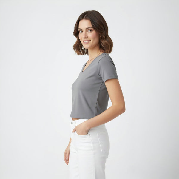 V Neck crop Top Slim FIT Steel Grey